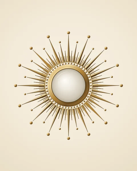 A small convex mirror ringed with beads and three graduated tiers of faceted gold rays on ivory.