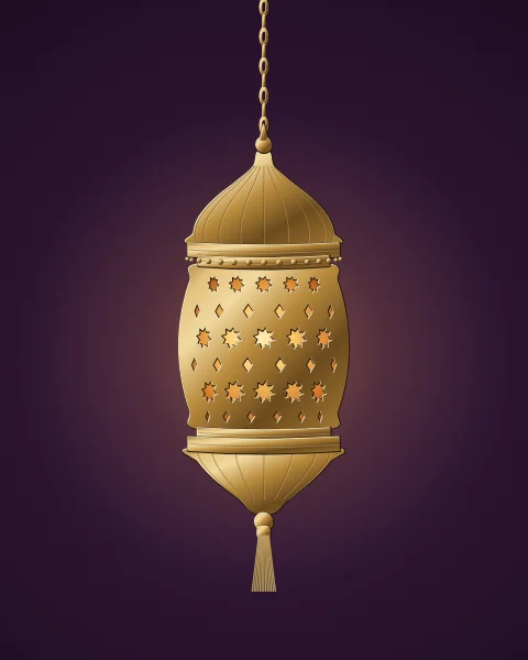 A pierced gilt lantern with an onion dome hangs on a chain, its star-shaped openings lit from within against aubergine.