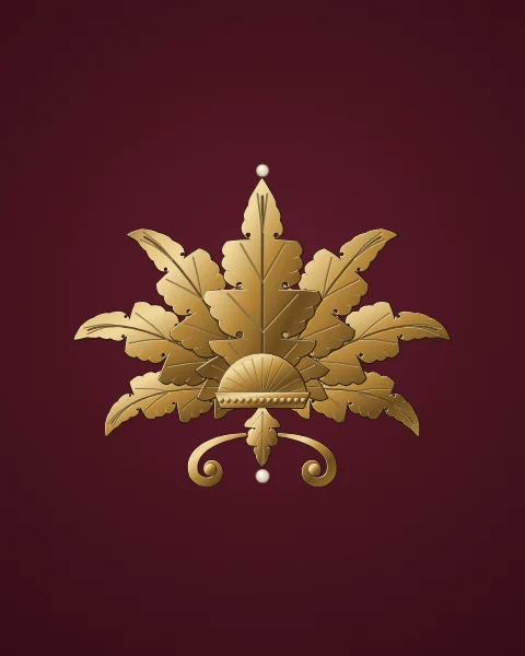 Nine gilded acanthus leaves open in a symmetrical fan above a fluted cup and a pair of scrolls on oxblood.
