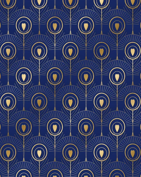 A repeating field of gold filigree eyes, each ringed by fine radiating barbs, on sapphire.