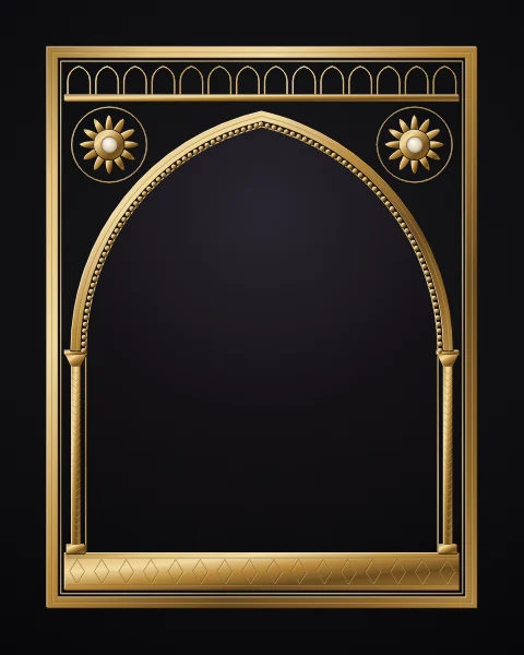 A pointed arch framed in gold, with slender columns, a frieze of small niches and rosettes in the spandrels, set on black lacquer.