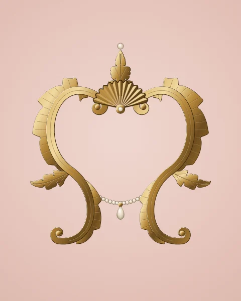 A mirrored pair of gilded rococo scrolls with shell-like fins, acanthus and a swag of pearls on blush.