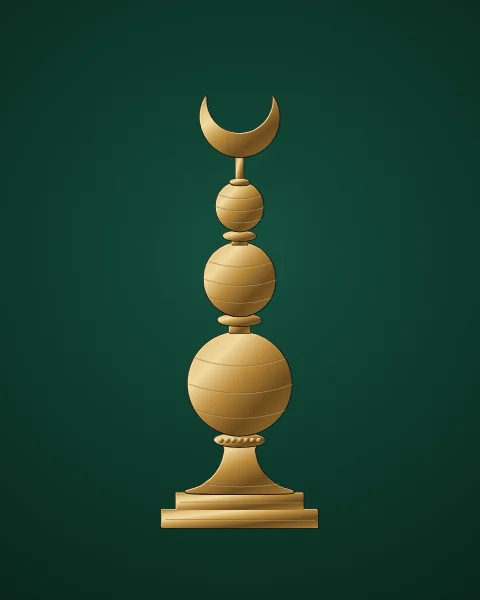 A gilded alem: three turned spheres stacked on a flared base, rising to a slender rod and an open crescent, on emerald.