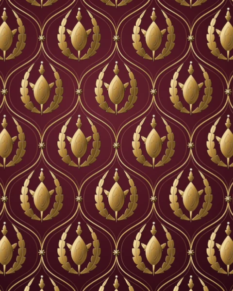 Gold pomegranates and acanthus sit in an ogee lattice studded with rosettes, repeated across oxblood velvet.