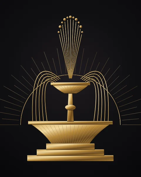 A gilded Art Deco fountain of stepped plinth, twin basins and arcing jets, against a halo of fine rays on black lacquer.