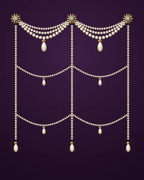 Graduated strands of pearls swag between jewelled gold rosettes and fall in a lattice of smaller swags and pearl drops, on aubergine.