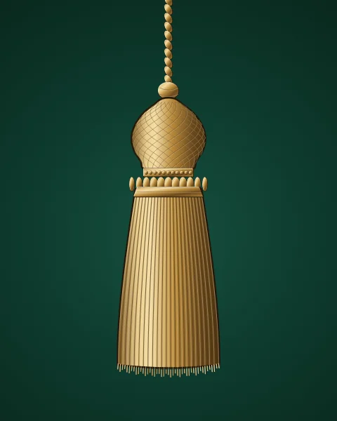 A single gold tassel hangs from a twisted cord, its netted head and ruff above a long skirt of fine threads, on emerald.