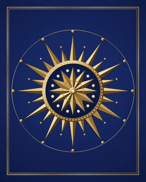 A gilded medallion with true twelve-fold geometry: a faceted twelve-pointed star, a beaded band and twenty-four graduated rays on sapphire.