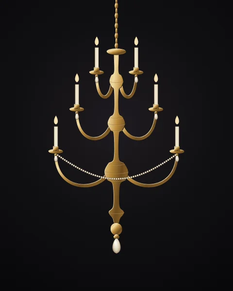 A three-tier gilt chandelier hung on a chain, with candles on scrolling arms, pearl drops and a single swag of pearls, on black lacquer.