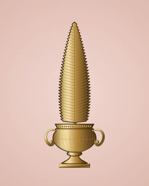 A gilded cypress rises from a fluted urn with scroll handles, on blush.
