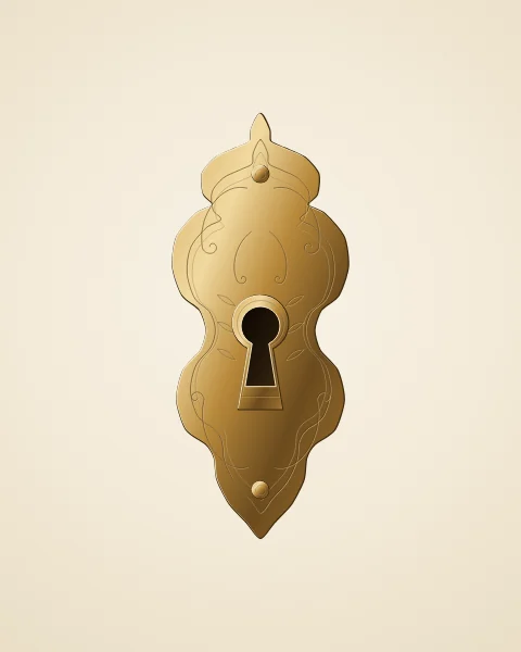 An ornate gilt keyhole plate with scalloped lobes, engraved scrolls and two domed pins, on ivory silk.