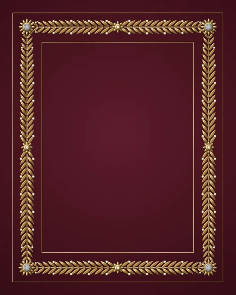 A continuous garland of gilded leaves and pearl berries runs around an empty oxblood field, with jewelled rosettes at the corners.