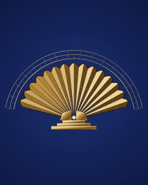 A faceted gold scallop shell on a stepped base, haloed by fine Art Deco arcs and rays on sapphire.