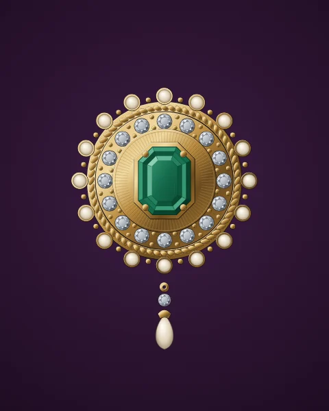 A single large brooch: a step-cut emerald within a halo of diamonds and a pearl-studded scalloped gold frame, with a pearl drop, on aubergine.