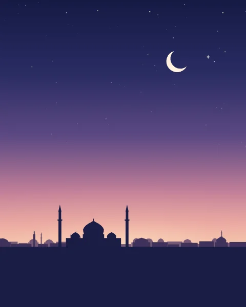 Dawn over a quiet city of domes and minarets: the sky deepens from indigo above to rose at the horizon, with a thin crescent and the last stars still showing.