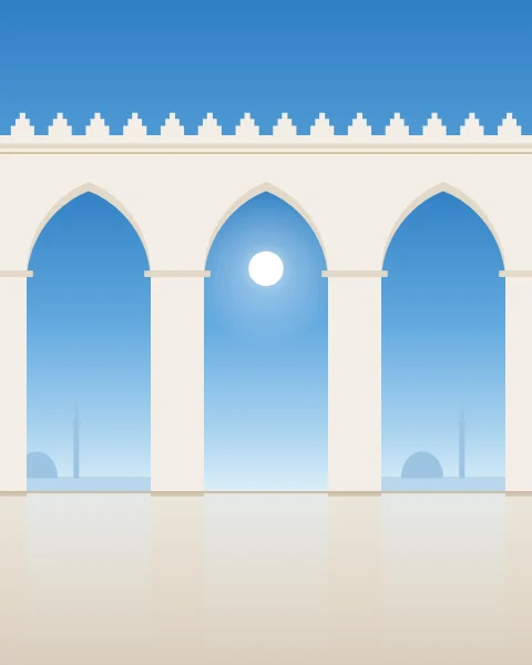 A white colonnade of pointed arches at midday, each opening full of high blue sky and one holding the white noon sun, reflected in a polished stone floor.