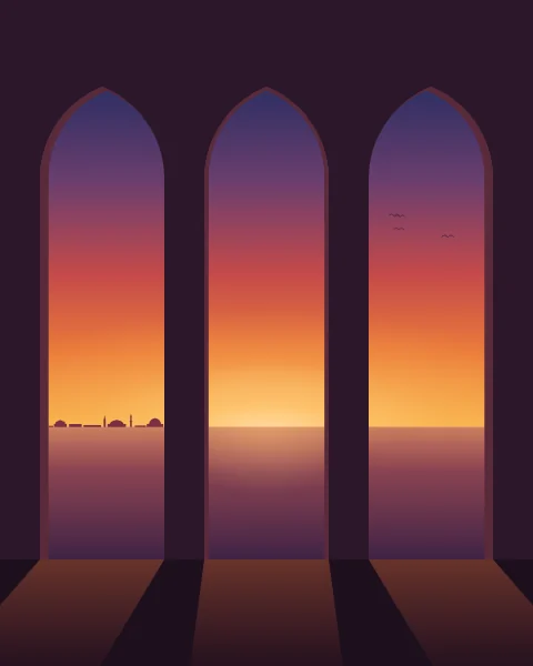 From inside a dark arcade, three pointed arches look out over the sea just after the sun has gone down, the horizon still glowing and its light lying soft on the water and the floor.