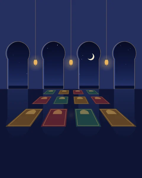 A night prayer hall: horseshoe arches open onto a starry sky with a crescent, lanterns hang between them, and rows of prayer mats wait on a polished floor that mirrors the light.