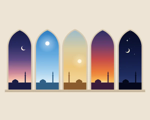 Five pointed arches in a pale wall, each opening onto one time of the day: dawn with a crescent, the high noon sun, the gold of afternoon, the afterglow of sunset and night.