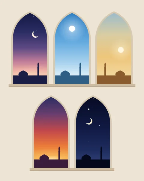 Five pointed arches in a pale wall, each opening onto one time of the day: dawn with a crescent, the high noon sun, the gold of afternoon, the afterglow of sunset and night.