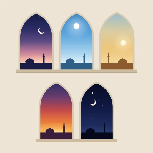 Five pointed arches in a pale wall, each opening onto one time of the day: dawn with a crescent, the high noon sun, the gold of afternoon, the afterglow of sunset and night.