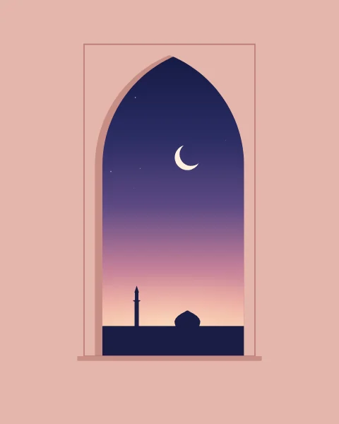 A single tall pointed arch in a rose plaster wall, opening onto an indigo dawn sky with a crescent, fading stars and a low line of domes.