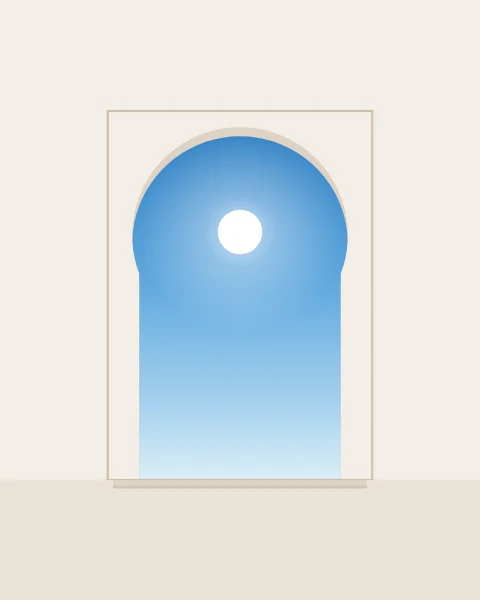 A horseshoe arch in a white wall opens onto bright blue sky, with the white sun high in its crown.