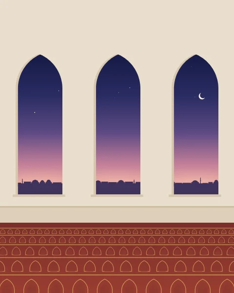 Arched windows show the dawn sky above a long red carpet woven with straight rows of prayer places, each marked by a small gold niche, side by side.