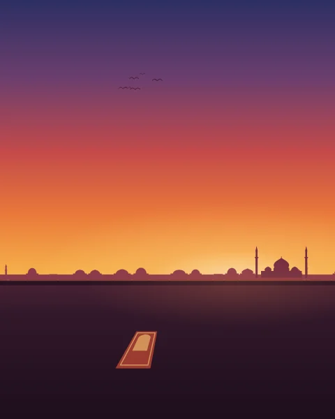 An empty prayer mat lies on a flat city rooftop just after sunset, the sky still burning orange above a skyline of domes and minarets.