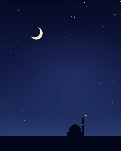 A deep blue night sky full of stars, a crescent moon, and far below a single dome and minaret with one lit window.