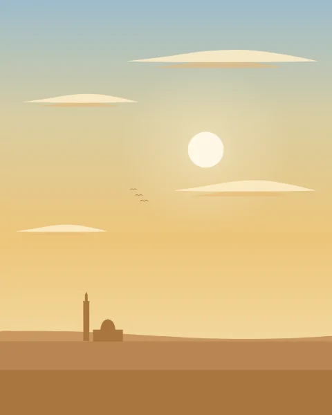 A wide golden afternoon sky with long flat clouds, a soft pale sun and a low hill line with a distant minaret.