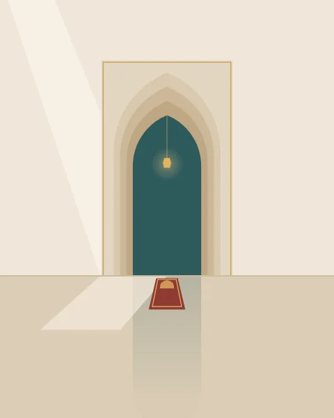 A pointed prayer niche set in a pale wall, a small lamp hanging inside, with a single prayer mat laid before it on a polished floor.