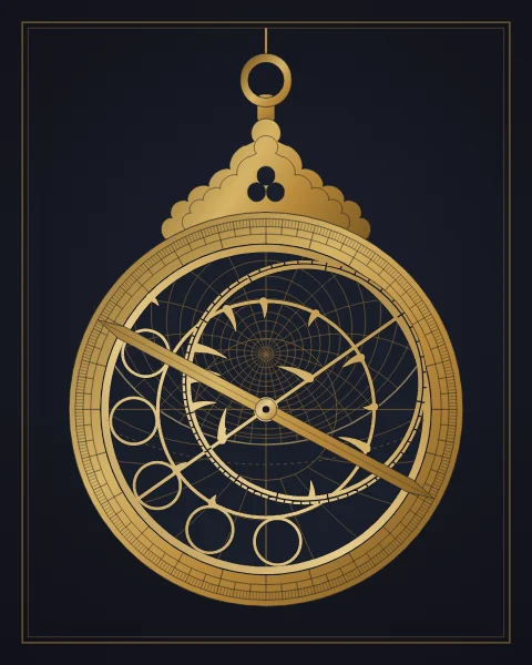A brass planispheric astrolabe hanging from its ring, its openwork rete of star pointers turning over a plate of altitude and azimuth lines.