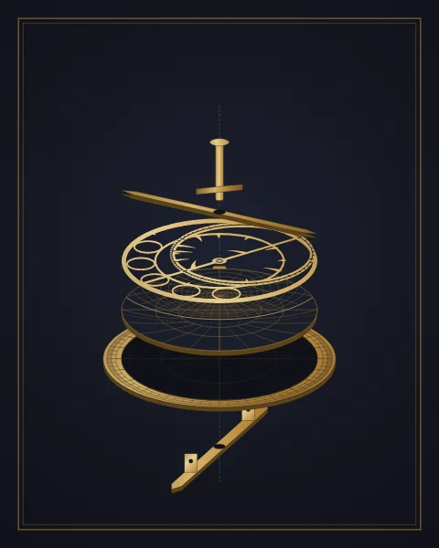 An astrolabe taken apart and set out in order: the mother plate with its throne, a latitude plate, the rete, the rule, the alidade and the pin with its wedge.