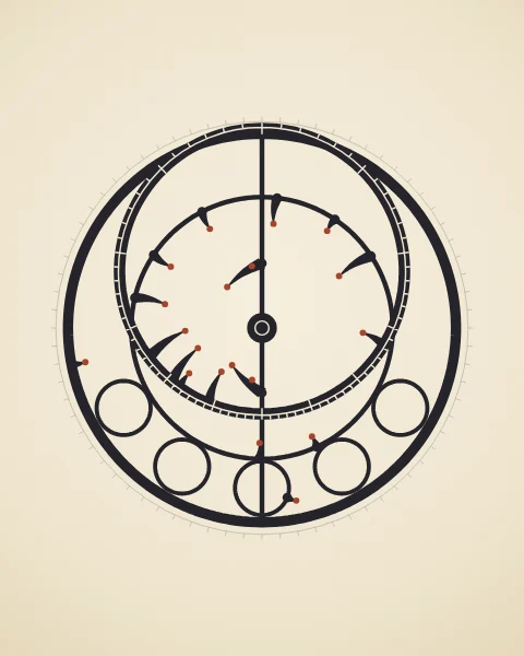 The rete on its own, drawn in ink on paper: the rim, the equator ring, the off-centre ecliptic band with its degree marks, a row of five roundels, and slender pointers whose tips mark the places of bright stars.