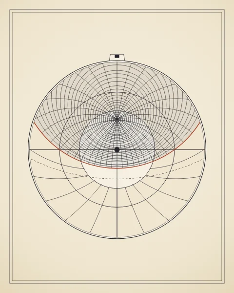 An astrolabe plate engraved with circles of altitude rising to the zenith, lines of azimuth and the horizon in red. Wide and tall formats show two plates for different latitudes.