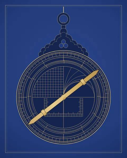 The back of an astrolabe drawn in brass lines on lapis, with its degree scales, a sine grid, hour arcs, the shadow square and a sighting alidade.