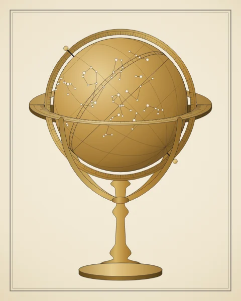 A brass celestial globe on a turned stand, marked with the equator, the ecliptic and constellation lines set with pale stars, held in a meridian ring and a horizon ring.