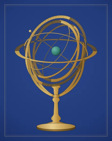 An armillary sphere of interlocking brass rings around a small earth: horizon, meridian, equator, ecliptic, tropics and a colure.