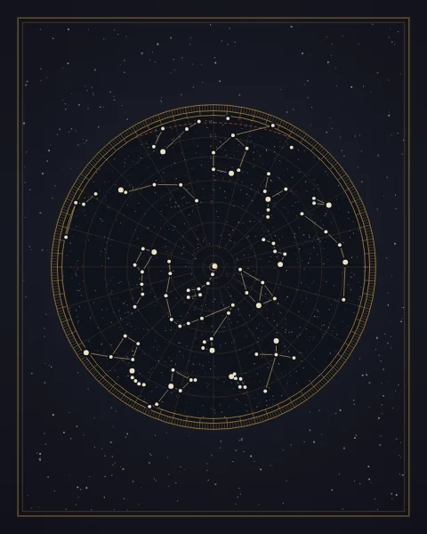 A round chart of the northern sky centred on the pole, with lines joining the stars of the Great Bear, the Little Bear, Draco, Cassiopeia and their neighbours, and the ecliptic dashed in red.