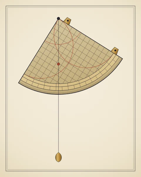 A sine quadrant hanging on its plumb line, its grid of sixty divisions crossed by red semicircles and a finely graduated arc.