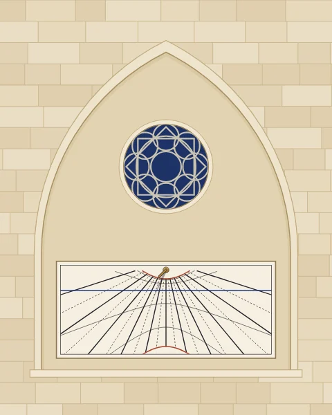 A vertical sundial set into a pointed niche in a stone mosque wall, with its hour lines, the equinox line in blue, the solstice curves in red and the gnomon's shadow across the plate.
