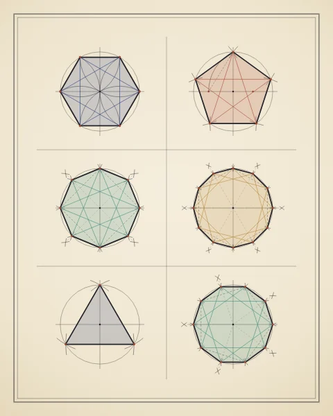 A sheet of regular polygons, among them the hexagon, the pentagon, the octagon and the twelve-sided figure, each shown with the circles and crossing arcs of its compass construction and its corners marked in red.