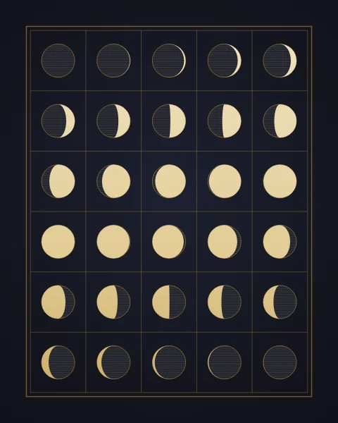 Thirty days of one lunar month set out as a table, each cell holding the moon a little further through its phases, from the dark new moon to full and back to a last thin crescent.
