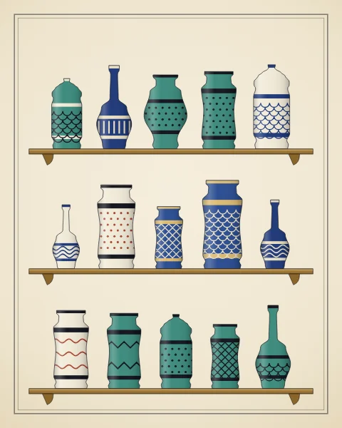 Shelves of glazed albarello jars, bottles and lidded pots in blue, turquoise and white, with a brass mortar and pestle.
