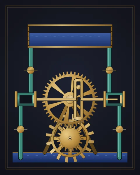 A water engine: a paddle wheel turns a gear whose crank drives a sliding yoke and two opposed pistons that lift water to a cistern.
