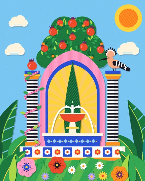 A tiered fountain stands in a pink pointed arch with a dark cypress behind it, under a pomegranate tree in fruit and between two striped columns, with a hoopoe perched on one.