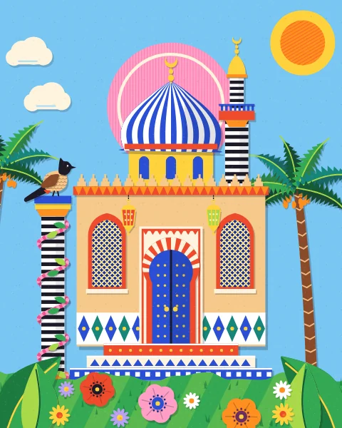 A striped onion dome and slender minaret rise over a crenellated house with a studded horseshoe-arch door, lattice windows and two lanterns, framed by date palms and a vine-wrapped column with a bulbul on top.