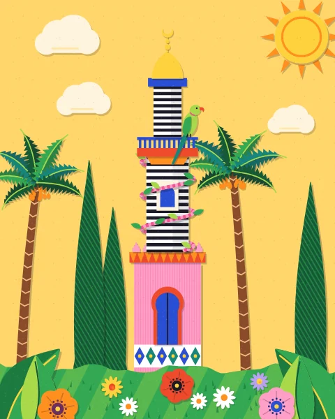 A slim garden minaret with a pink base, black-and-white striped shafts and a red balcony rises between cypresses and palms, with a rose-ringed parakeet on the rail.