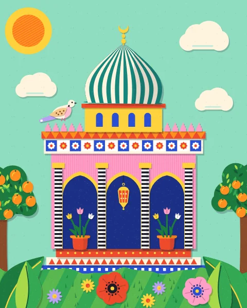 A pink garden pavilion with three pointed arches, striped columns, a hanging lantern and a teal-and-cream onion dome stands on tiled steps among orange trees, with a dove on the roof.